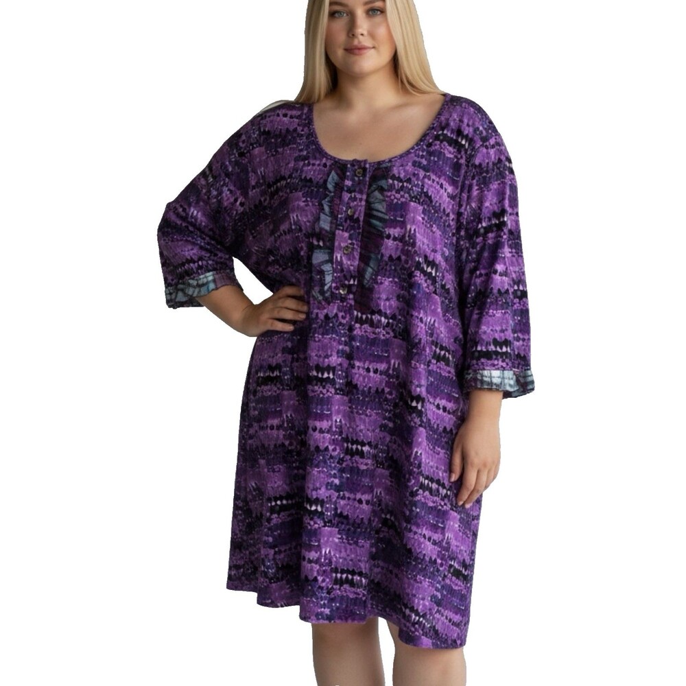 Ulla Popken Sz 4X-30/32 Artsy Stretch Dress Lounger Purple Ruffle Accent Plus